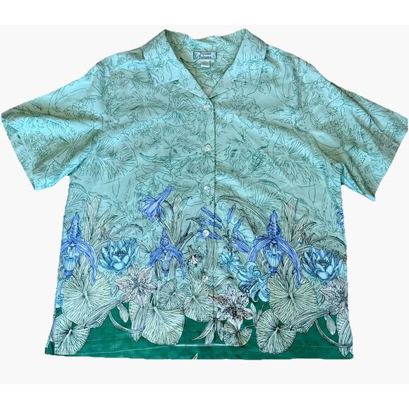 Tommy Bahama Shirt Mens XL Green Silk Botanical Floral Hawaiian Button Casual - Picture 1 of 6